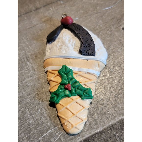Handmade fudge ice cream cone Cherry mistletoe ornament Xmas decor - Picture 1 of 3